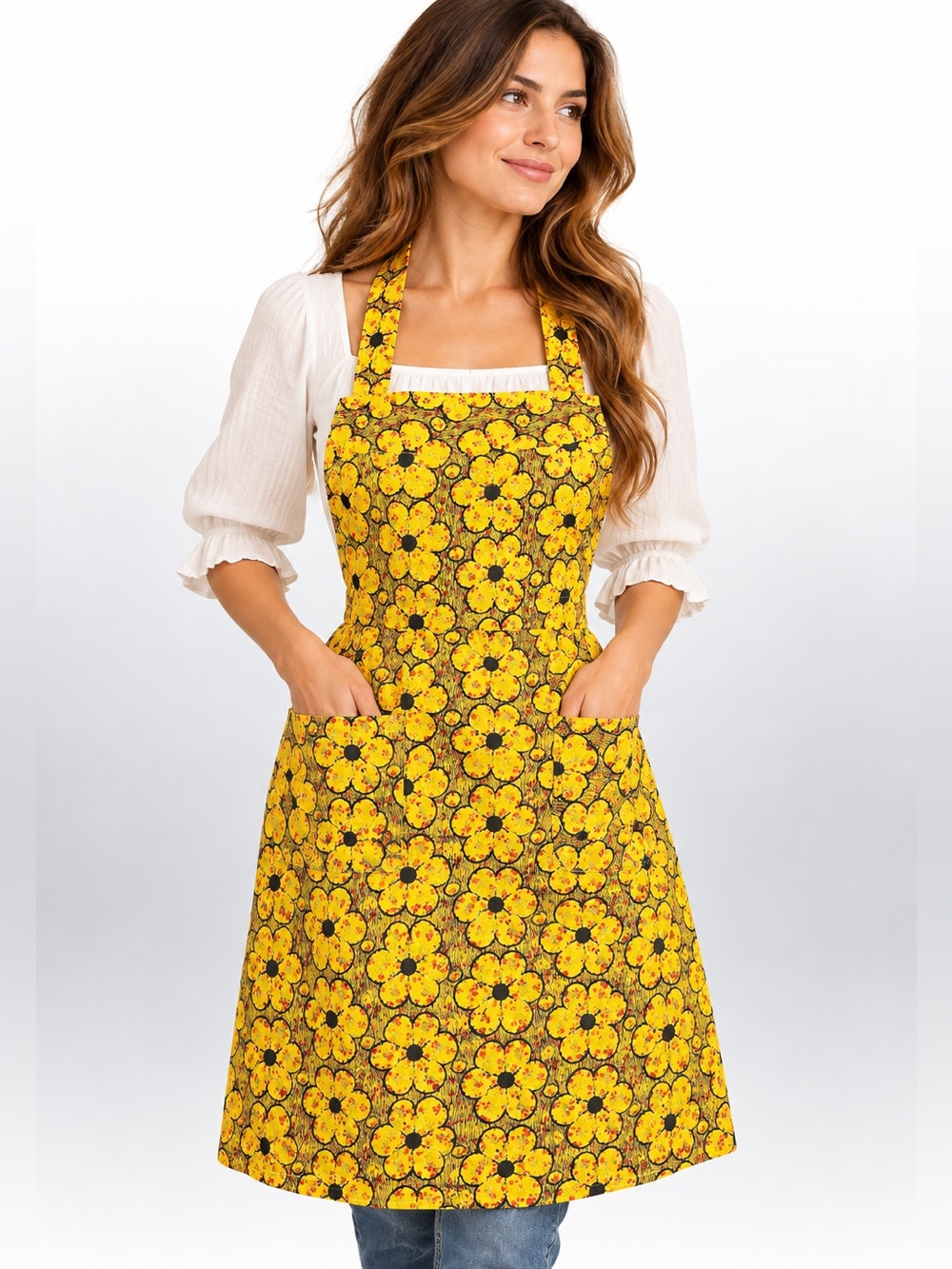 Vintage Handmade Yellow Floral Apron | Cottagecore Folk Art Retro